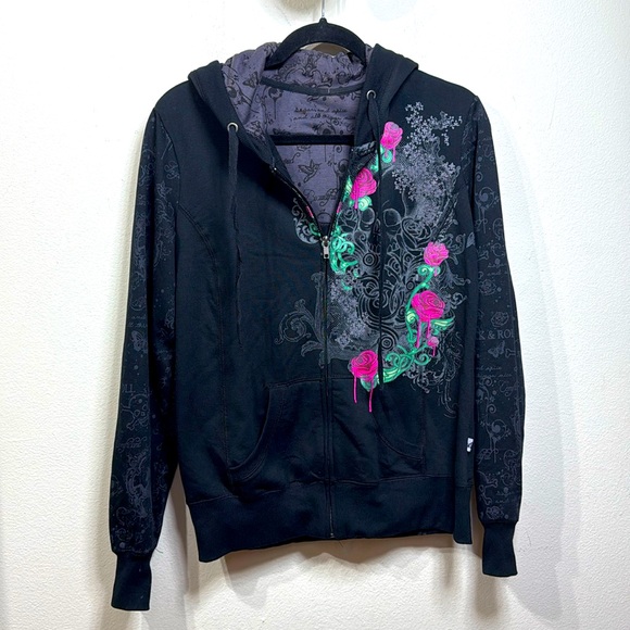 (W3) Self esteem, Y2K Vintage Floral Skull Print  Style Up Hooded Jacket W, Sz M - Picture 4 of 10